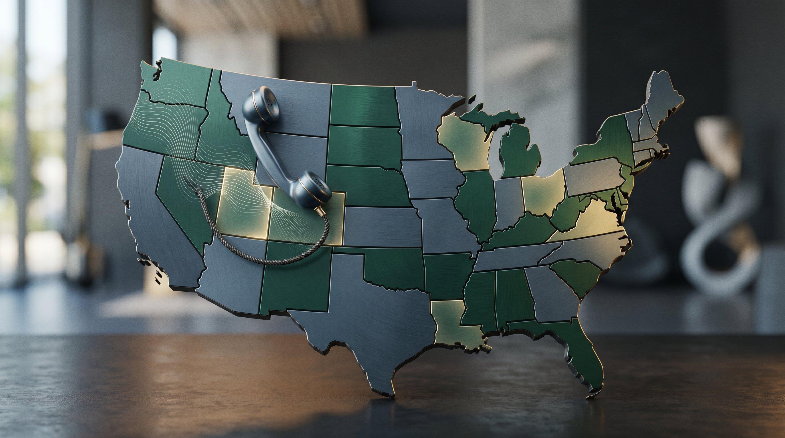 A US map with a phone handset symbolizing call recording consent rules