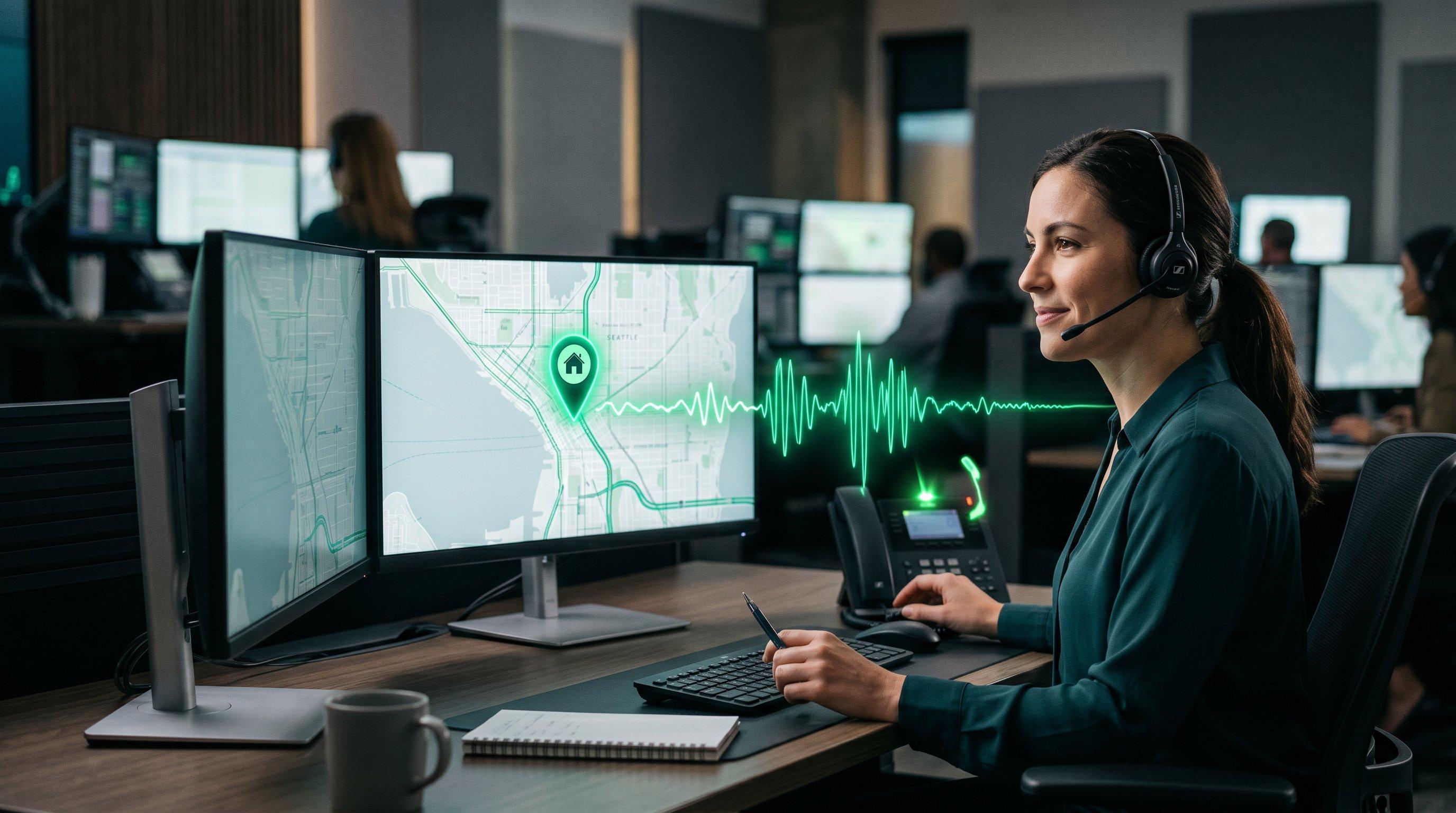 A dispatcher on a call as a spoken address turns into a verified map pin