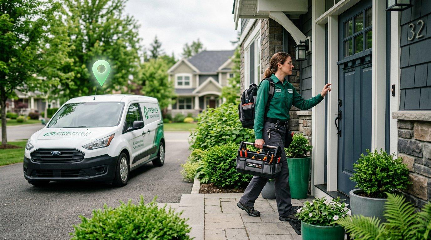 An appliance repair technician arriving at the correct verified address