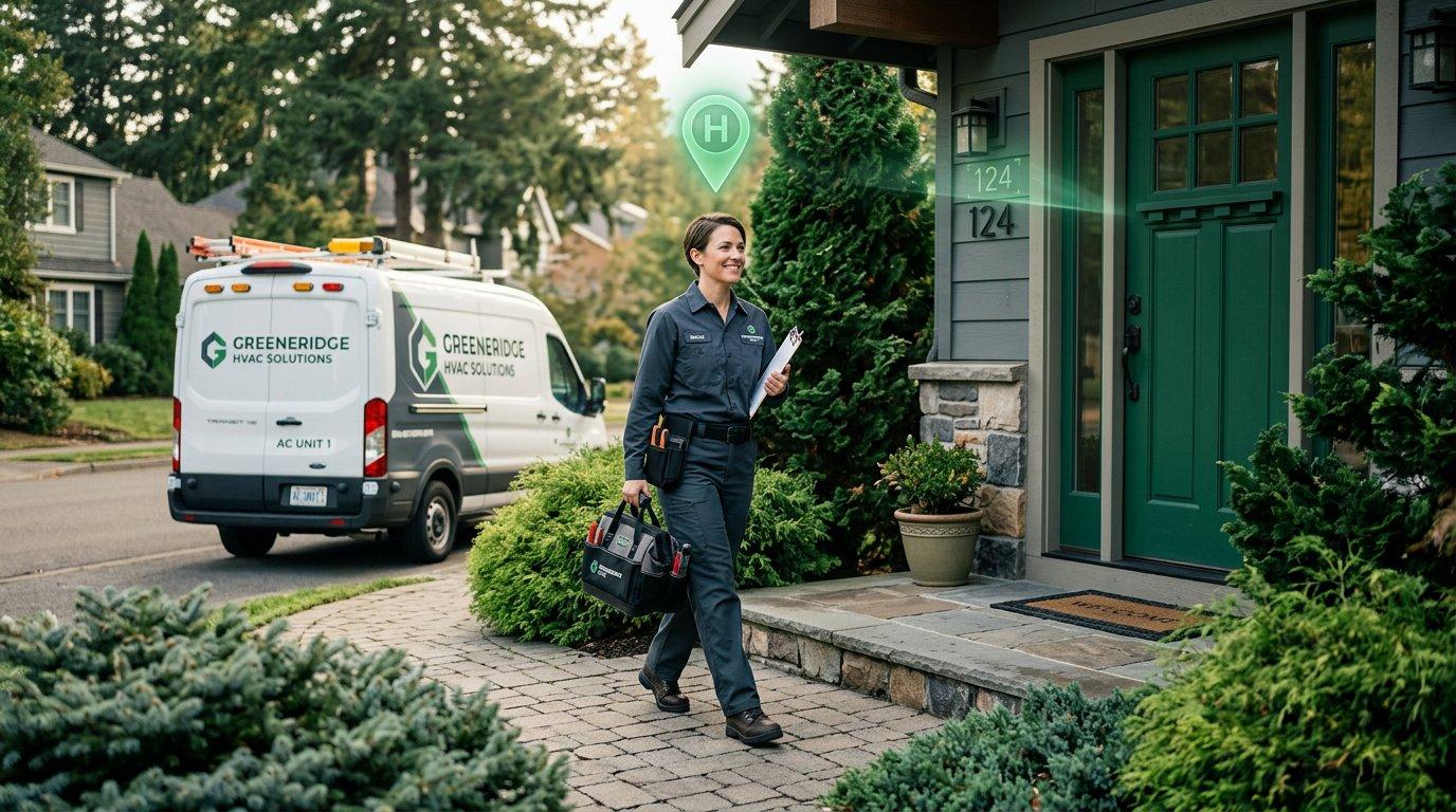 An HVAC technician arriving at the correct address from a verified service call