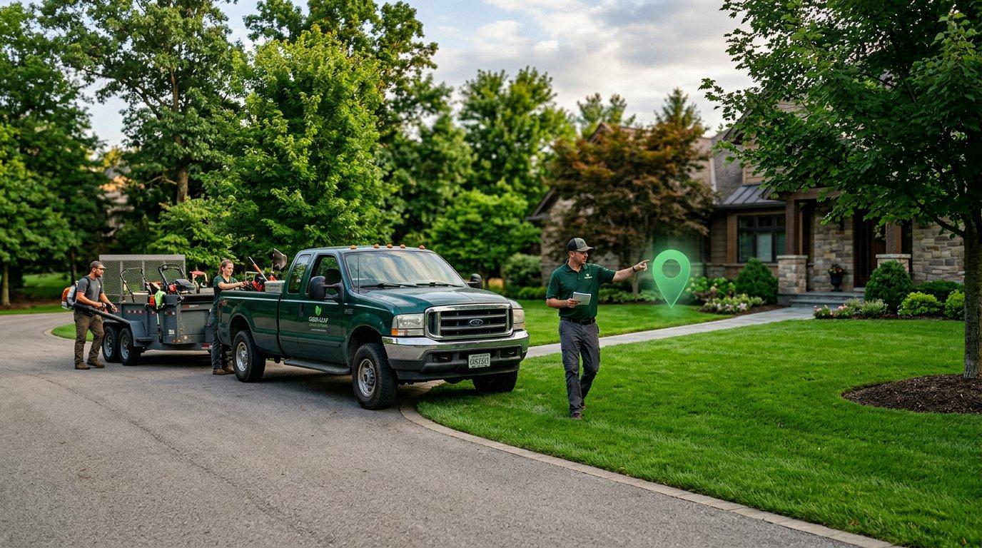 A landscaping crew arriving at the correct verified property