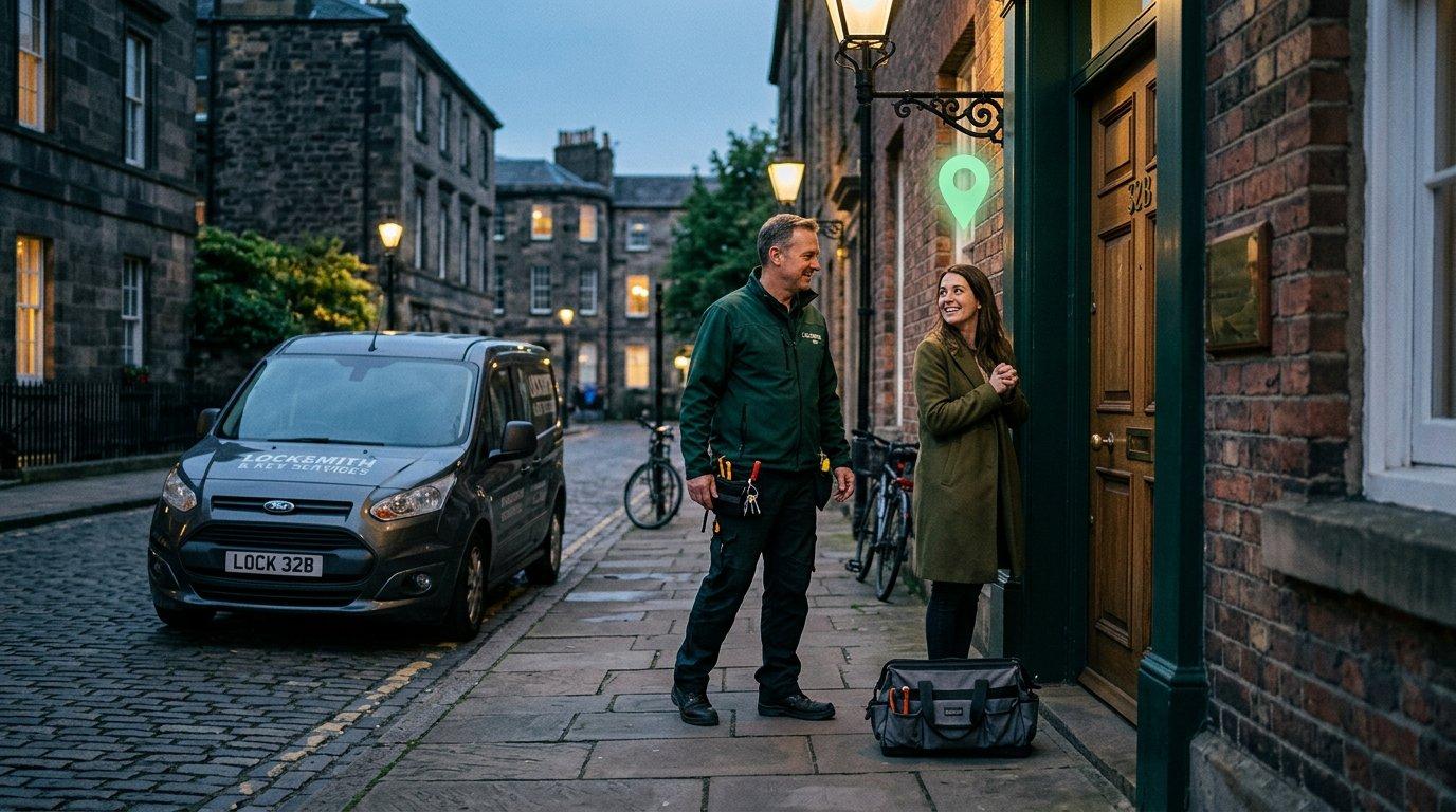 A locksmith arriving at the correct address from a verified call
