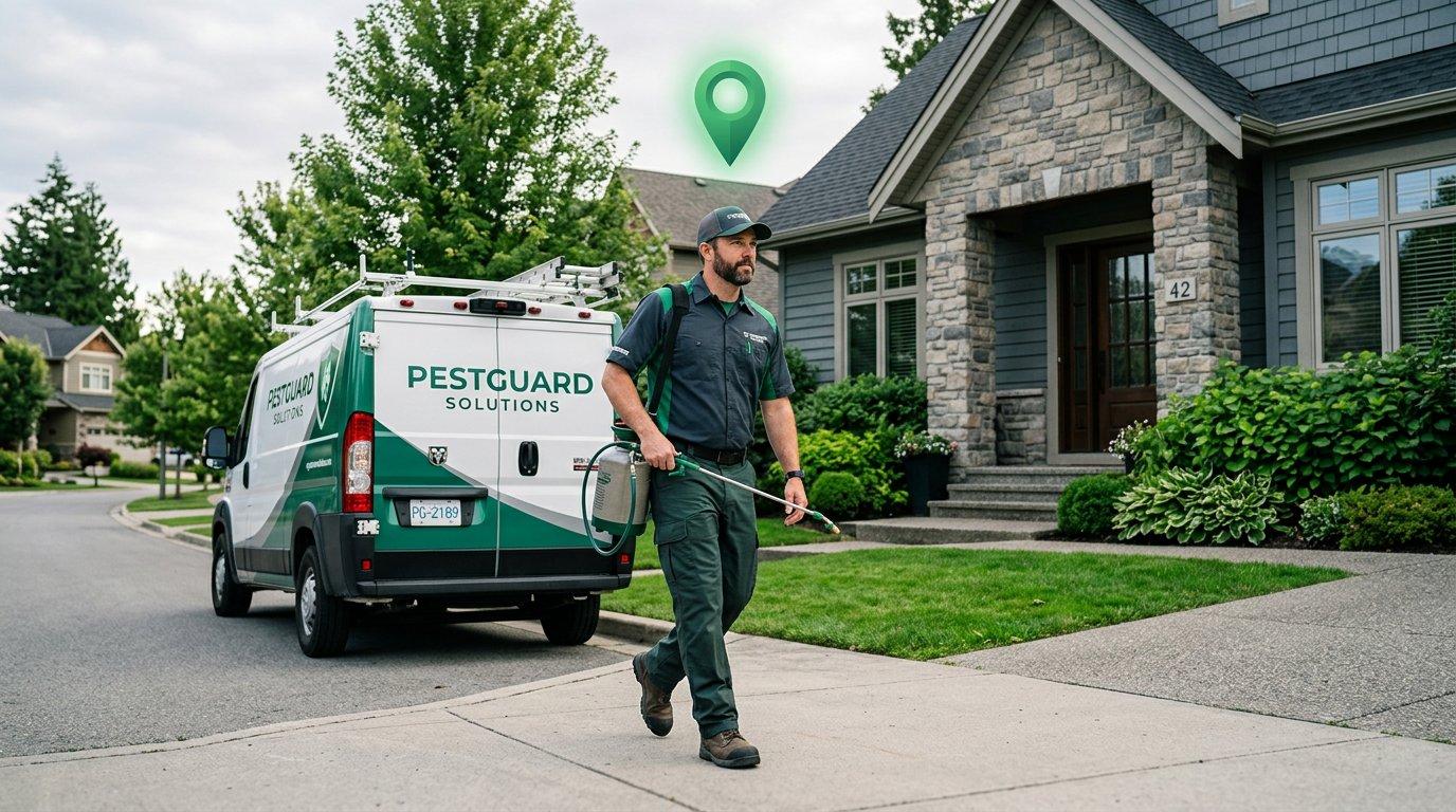 A pest control technician arriving at the correct verified property