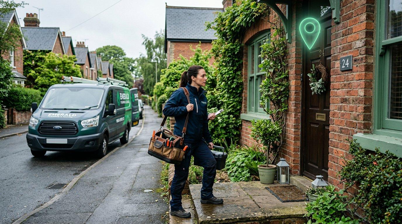 A plumber arriving at the correct address from a verified service call