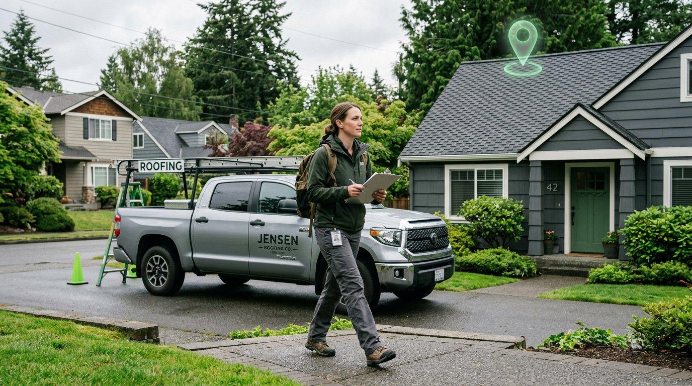 A roofing estimator arriving at the correct verified property