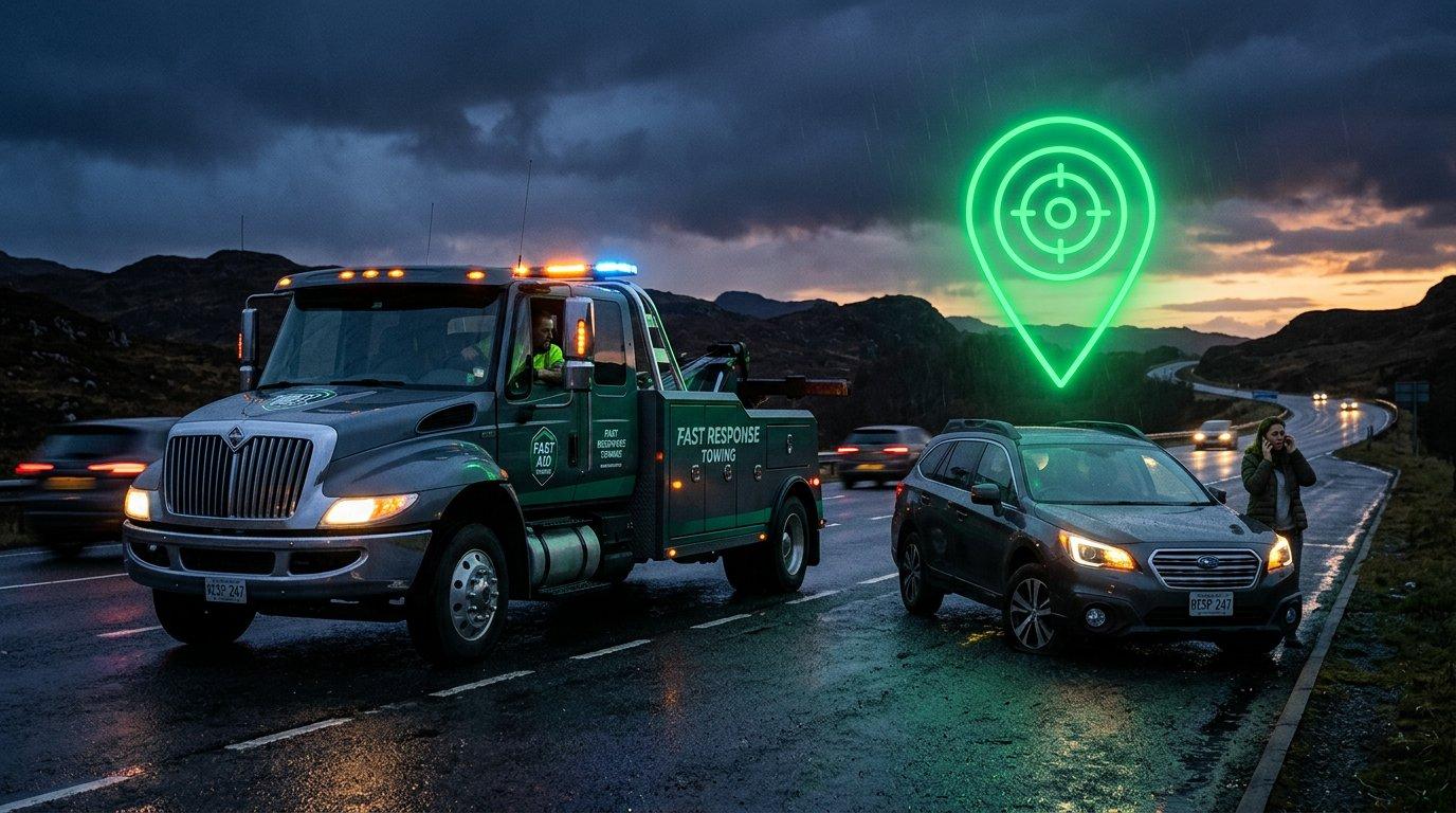 A tow truck reaching a stranded vehicle at the correct verified location