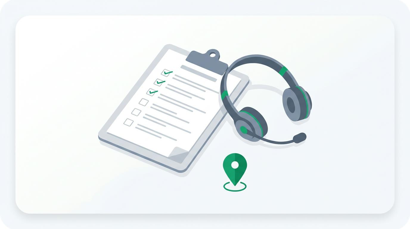 A dispatcher checklist on a clipboard next to a phone headset and a map pin