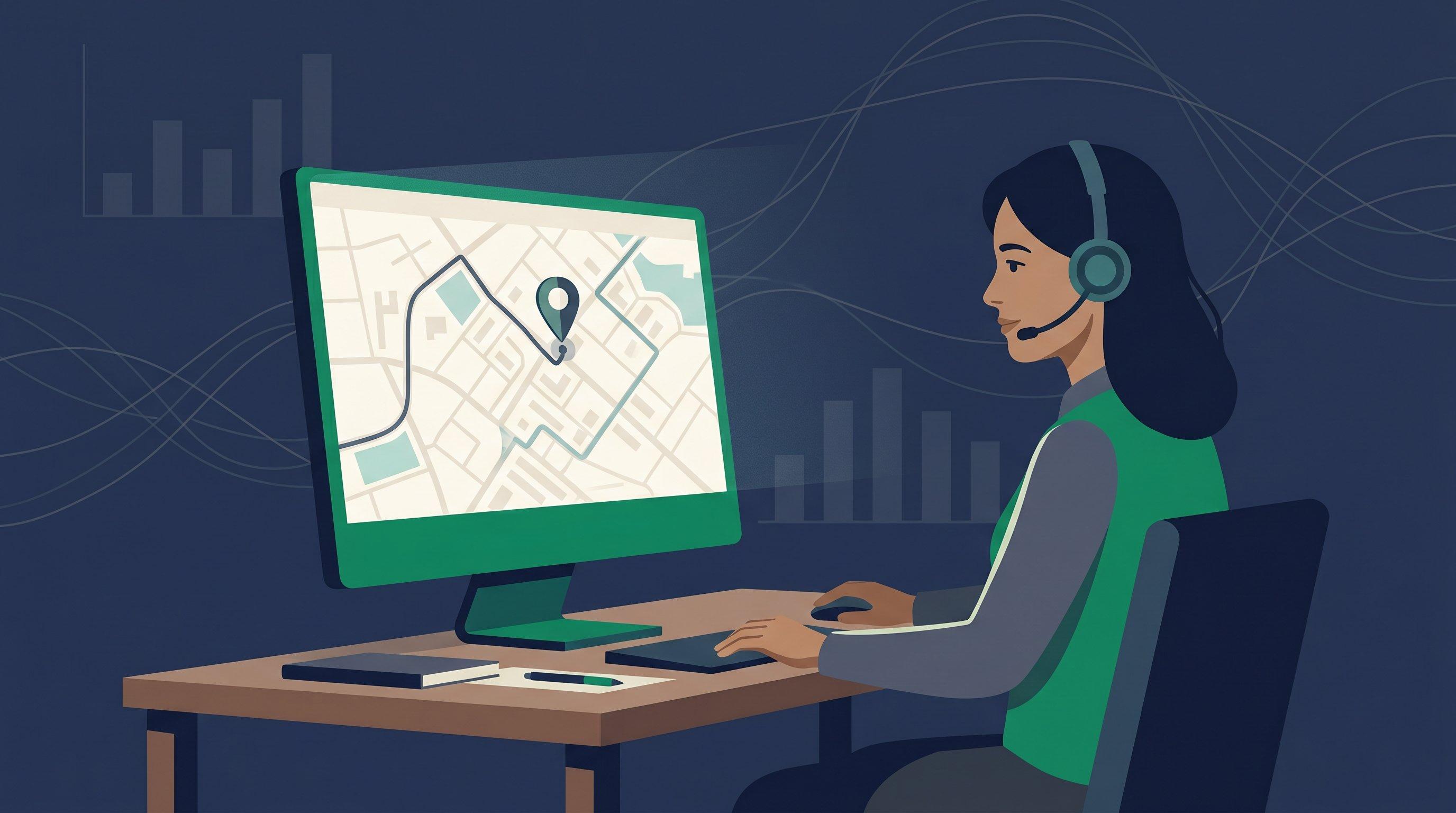 A dispatcher at a desk as a delivery pin lands on the wrong street, with research-data motifs behind
